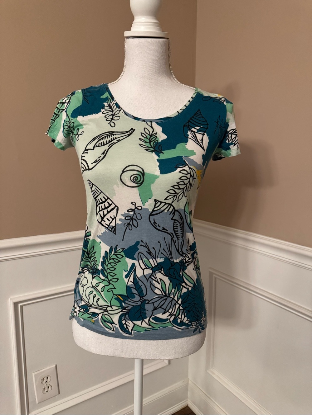 Ann Taylor Factory Sea Life Floral Graphic Tee Women's XS Teal Blue Green